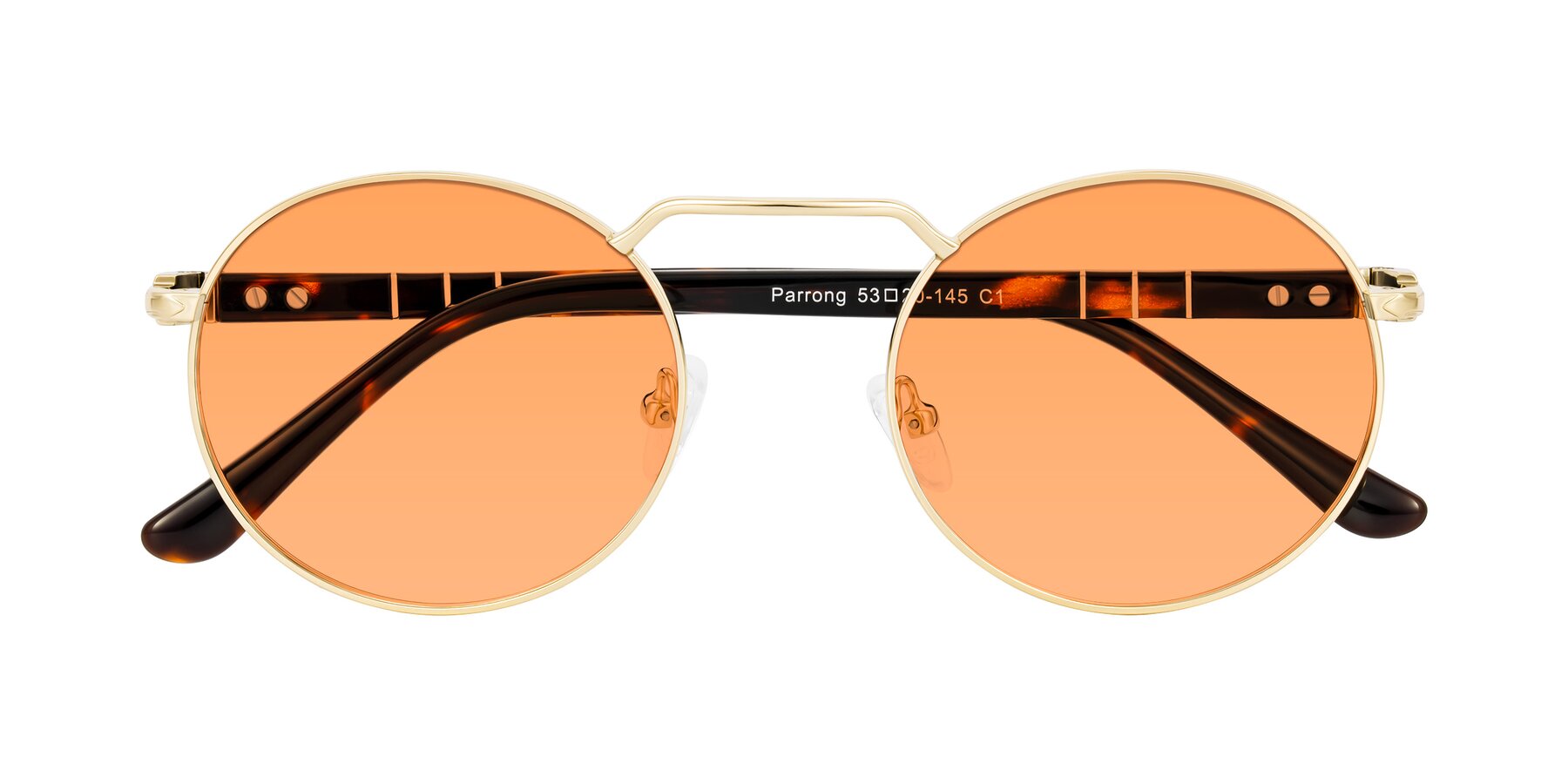Folded Front of Parrong in Gold with Medium Orange Tinted Lenses