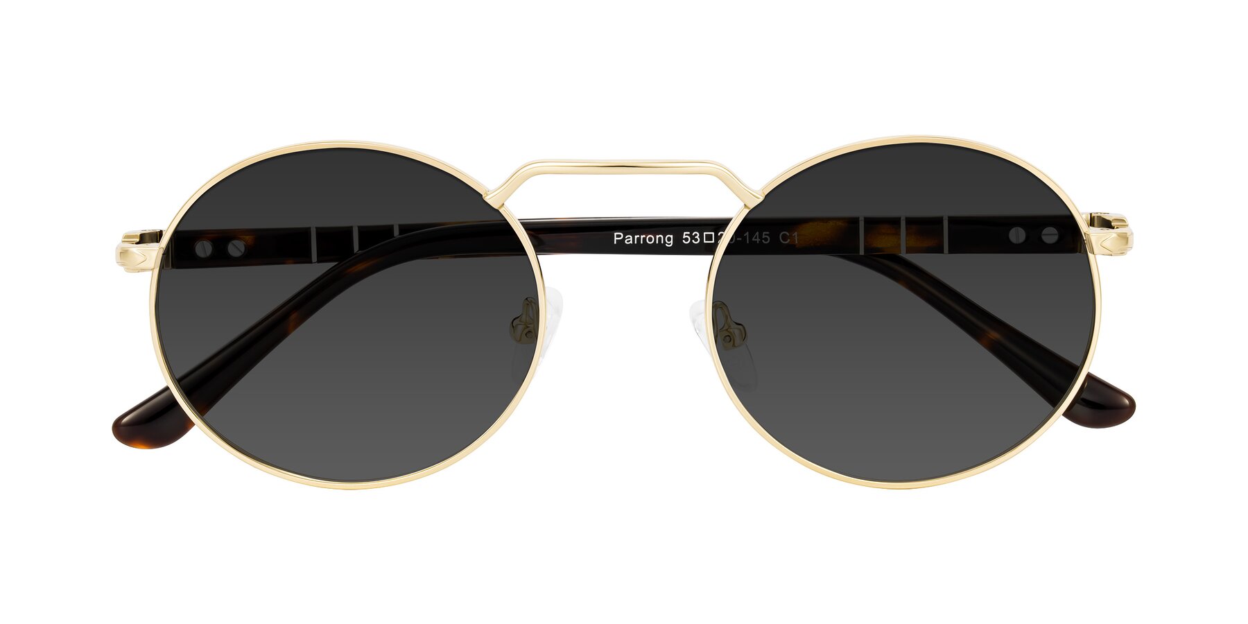 Folded Front of Parrong in Gold with Gray Tinted Lenses