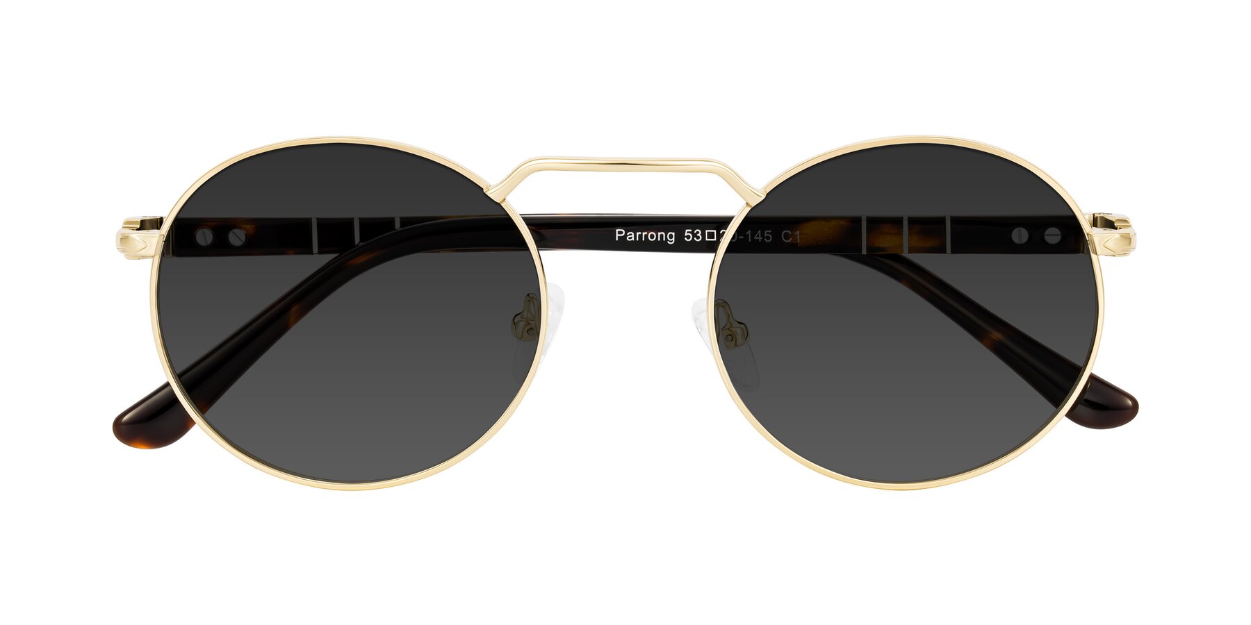 Folded Front of Parrong in Gold with Gray Tinted Lenses