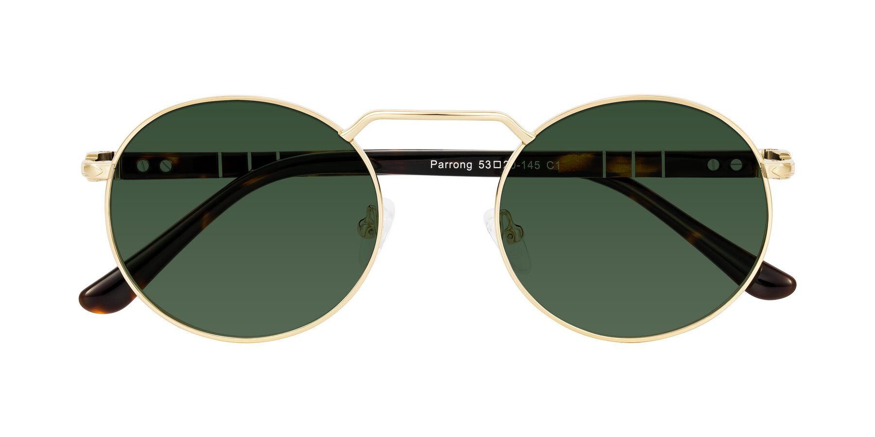 Folded Front of Parrong in Gold with Green Tinted Lenses