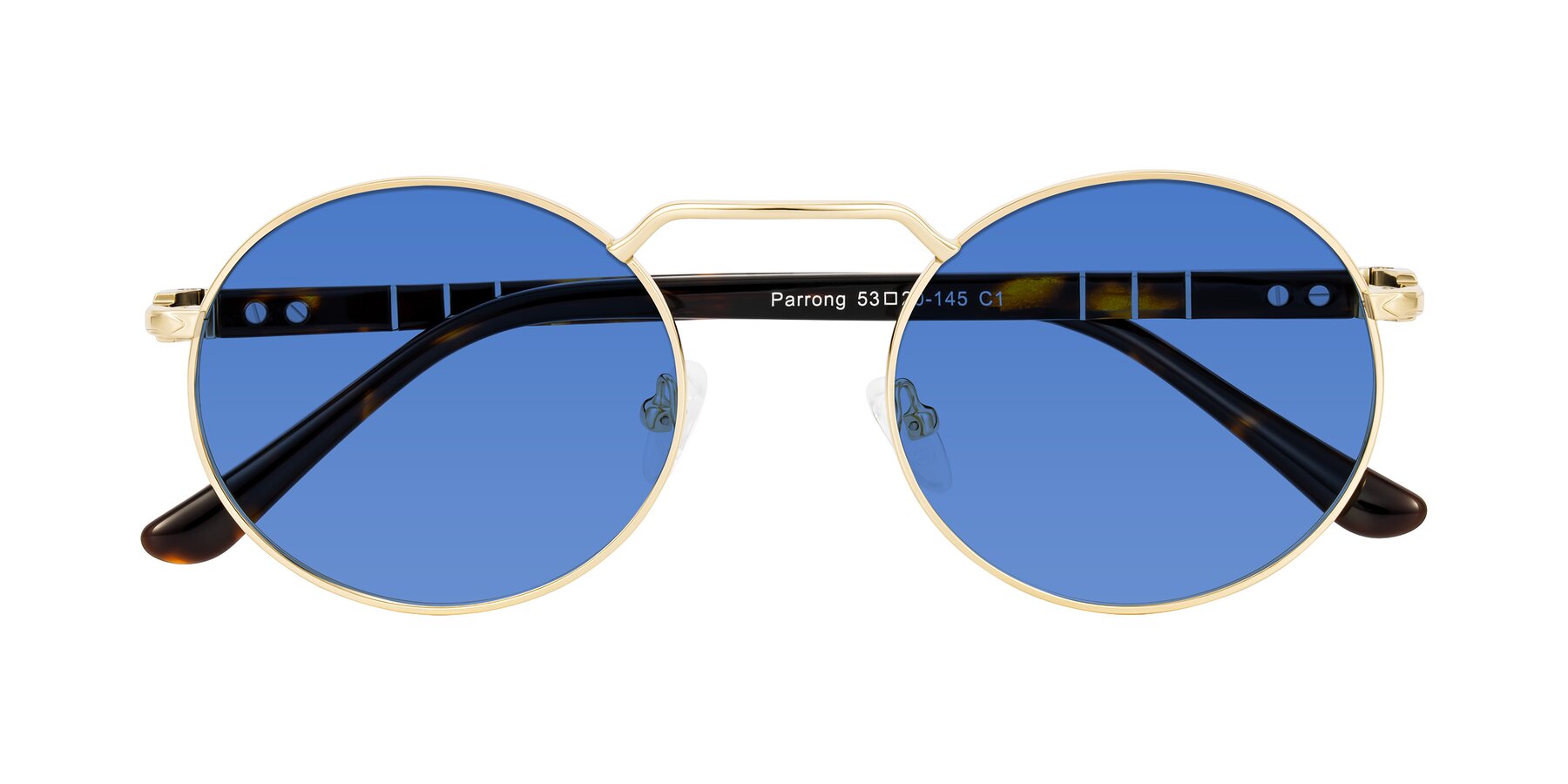 Folded Front of Parrong in Gold with Blue Tinted Lenses