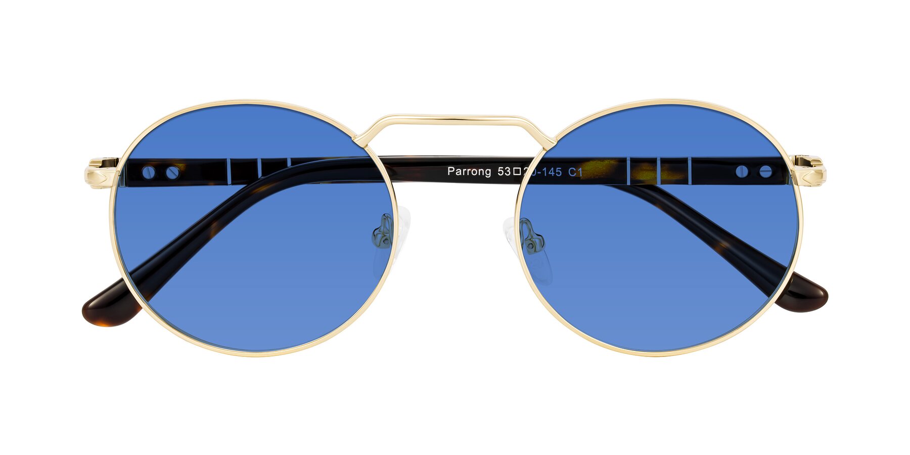 Folded Front of Parrong in Gold with Blue Tinted Lenses