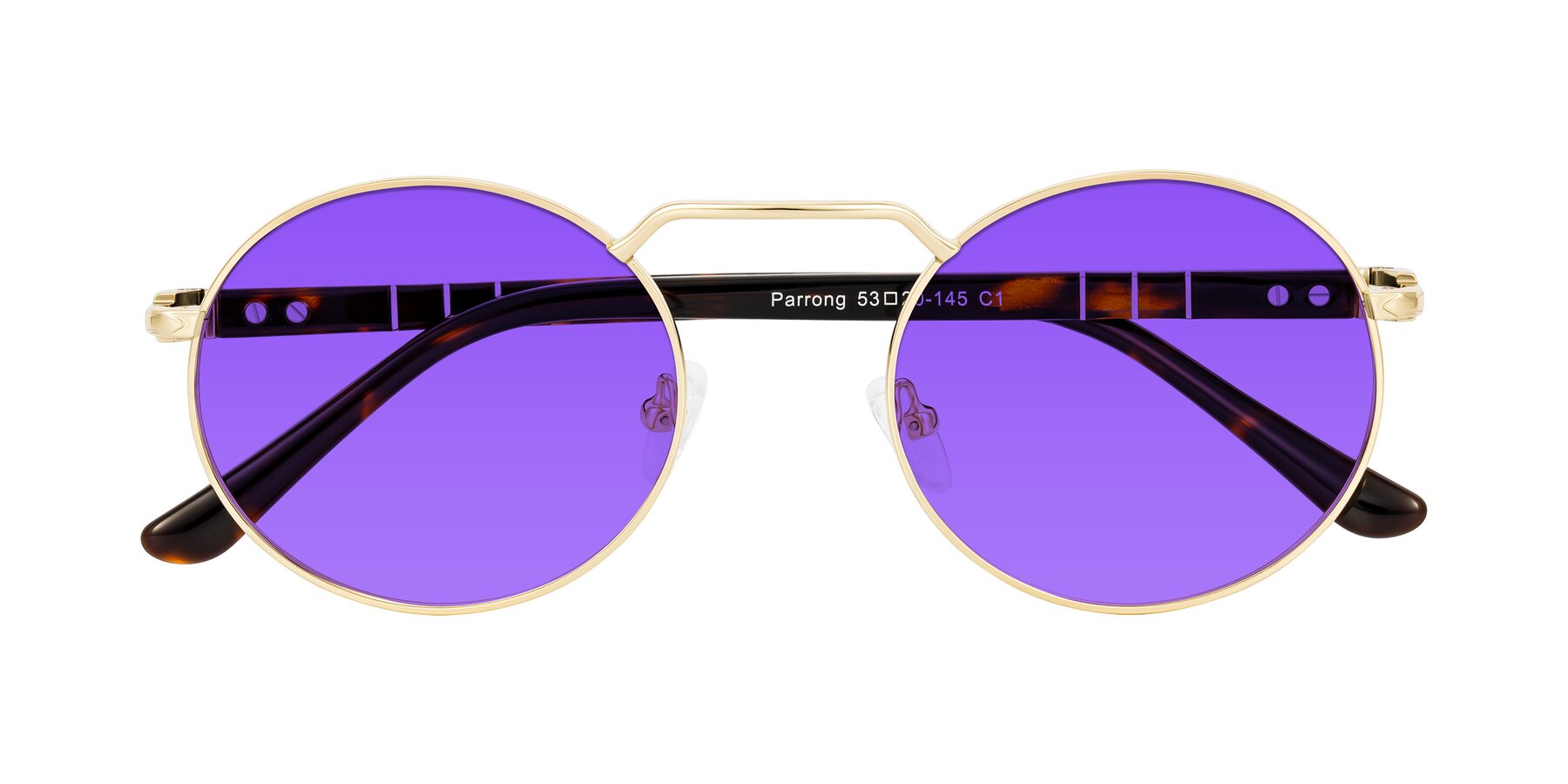 Folded Front of Parrong in Gold with Purple Tinted Lenses