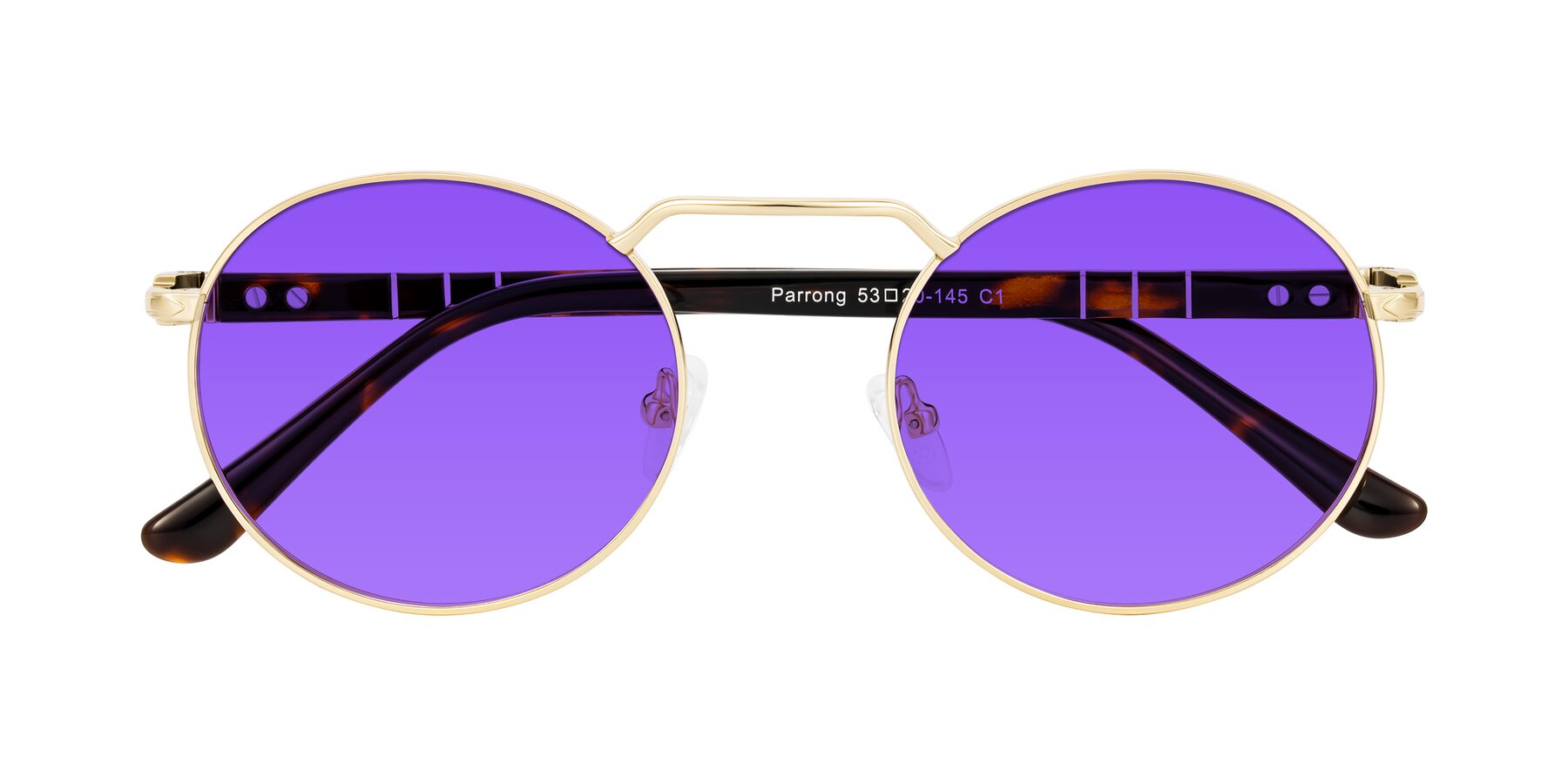 Folded Front of Parrong in Gold with Purple Tinted Lenses
