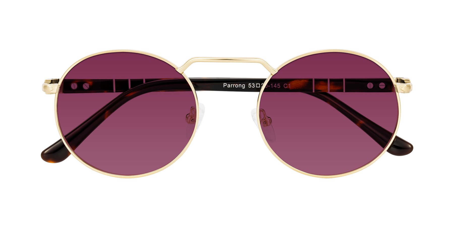 Folded Front of Parrong in Gold with Wine Tinted Lenses