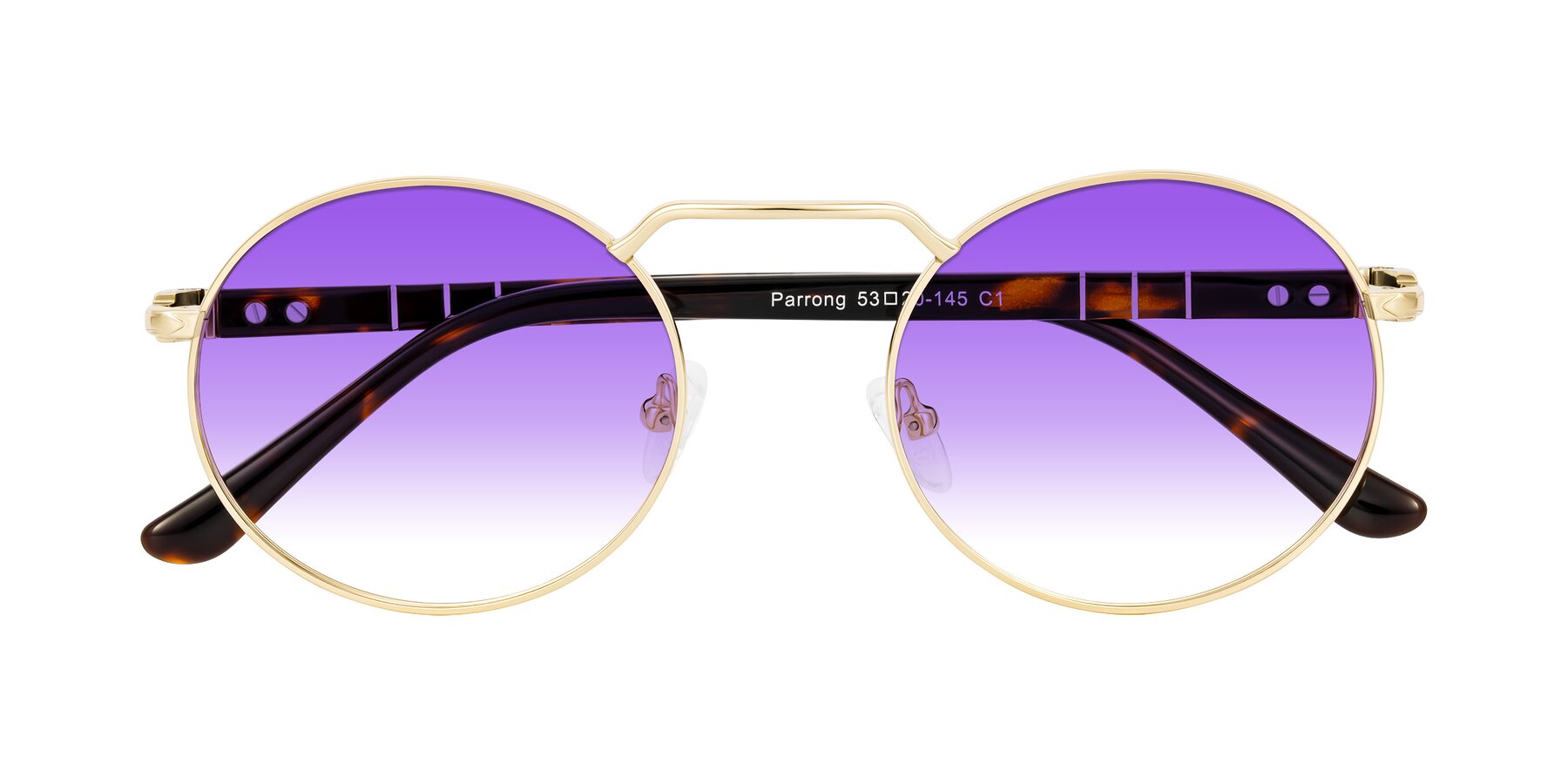 Folded Front of Parrong in Gold with Purple Gradient Lenses