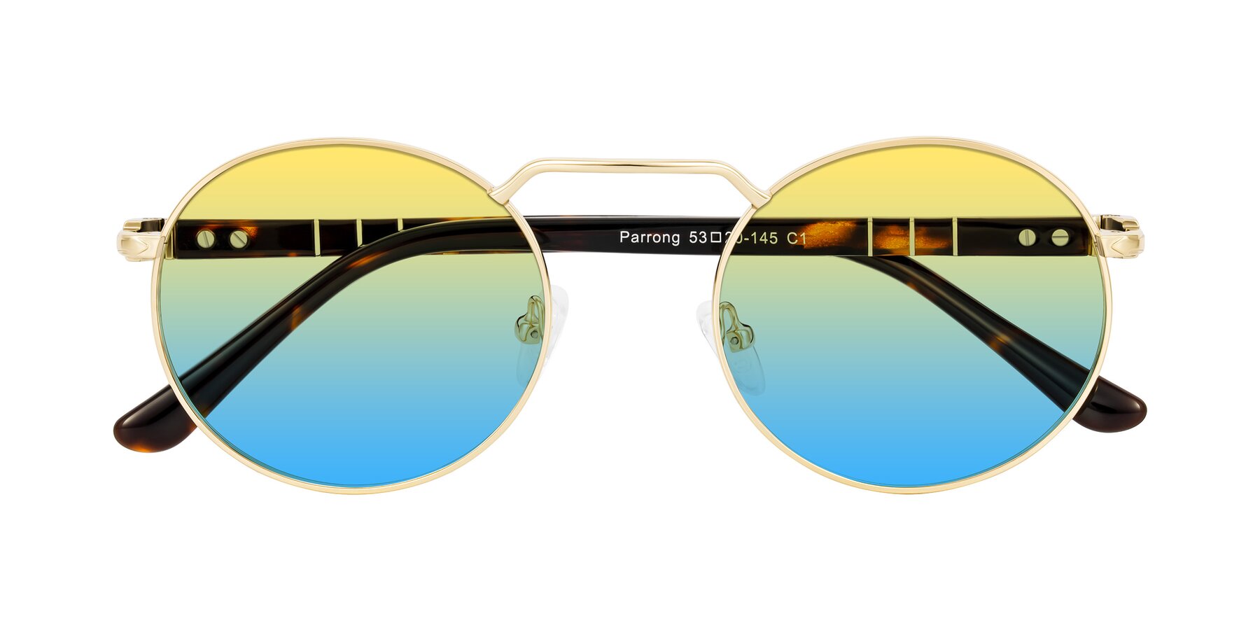 Folded Front of Parrong in Gold with Yellow / Blue Gradient Lenses