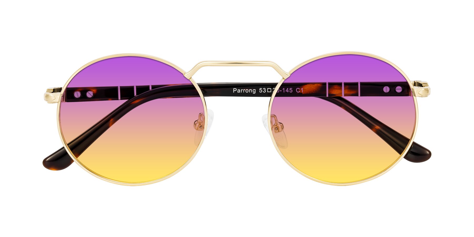 Folded Front of Parrong in Gold with Purple / Yellow Gradient Lenses