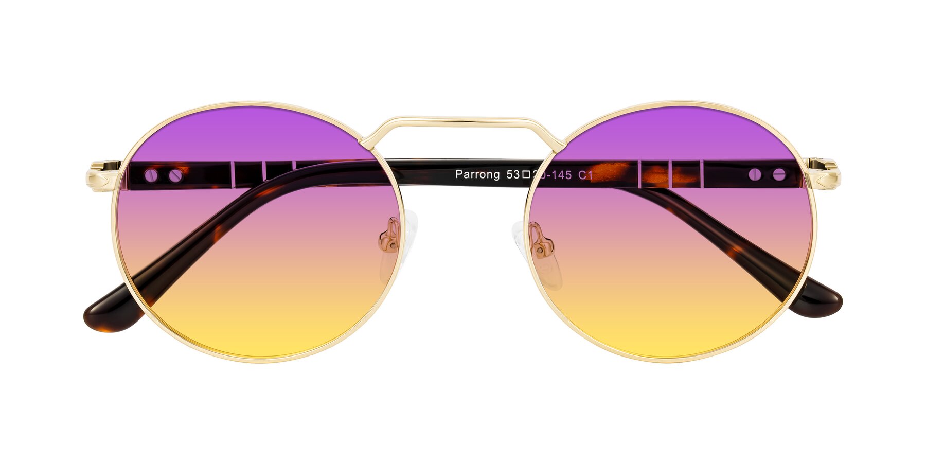 Folded Front of Parrong in Gold with Purple / Yellow Gradient Lenses