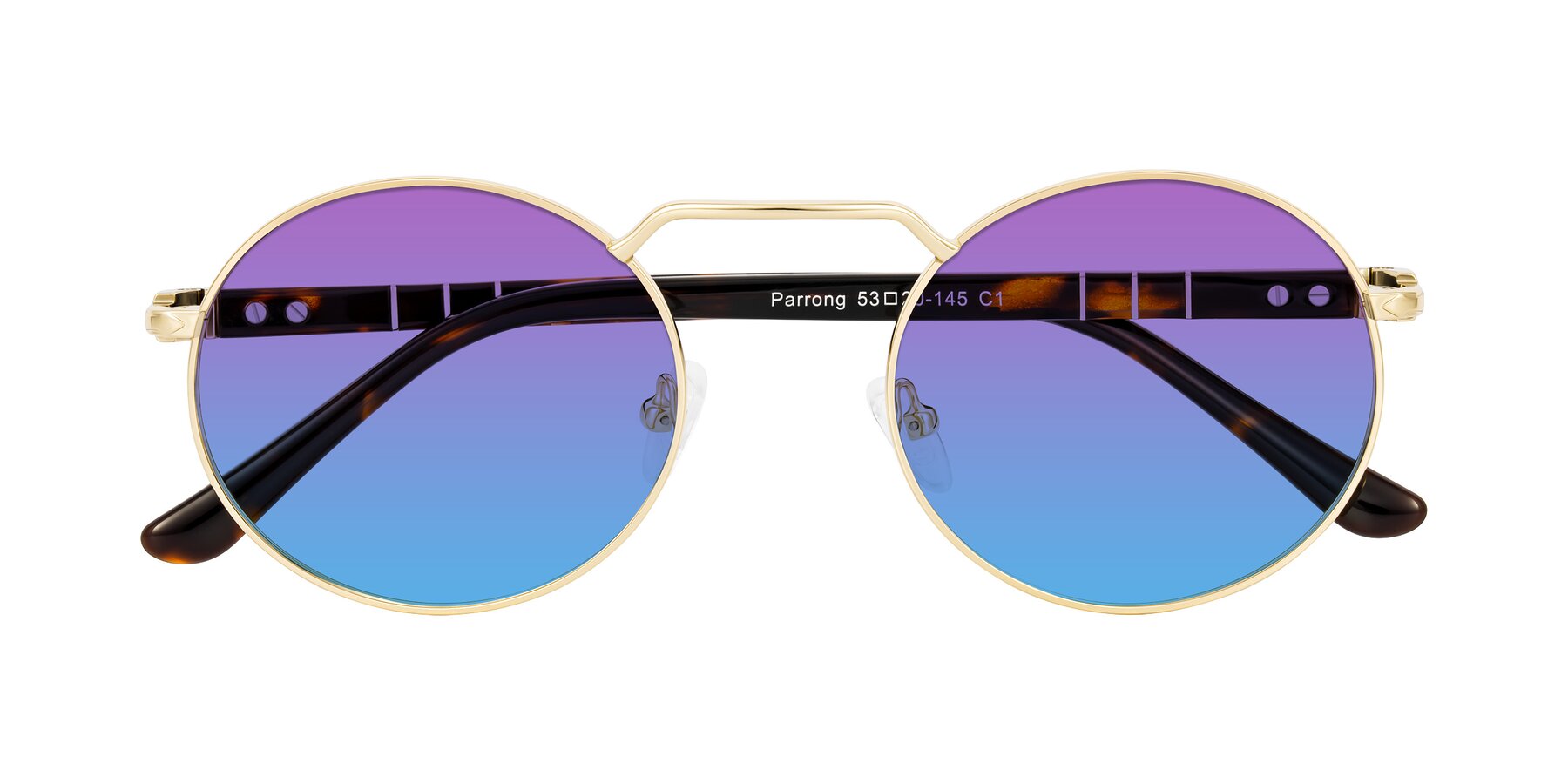 Folded Front of Parrong in Gold with Purple / Blue Gradient Lenses
