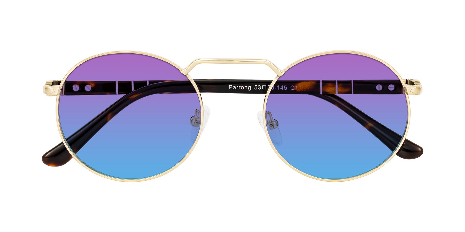 Folded Front of Parrong in Gold with Purple / Blue Gradient Lenses