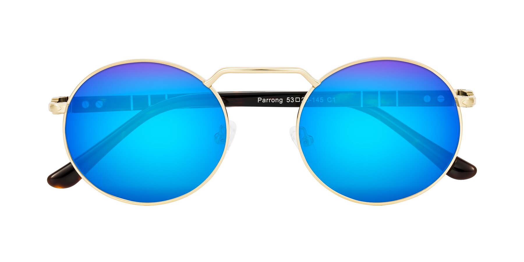 Folded Front of Parrong in Gold with Blue Mirrored Lenses