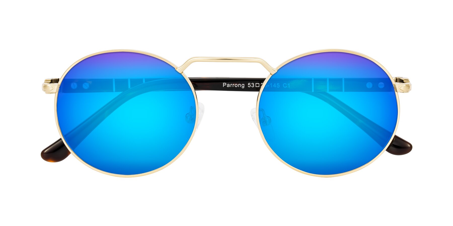 Folded Front of Parrong in Gold with Blue Mirrored Lenses