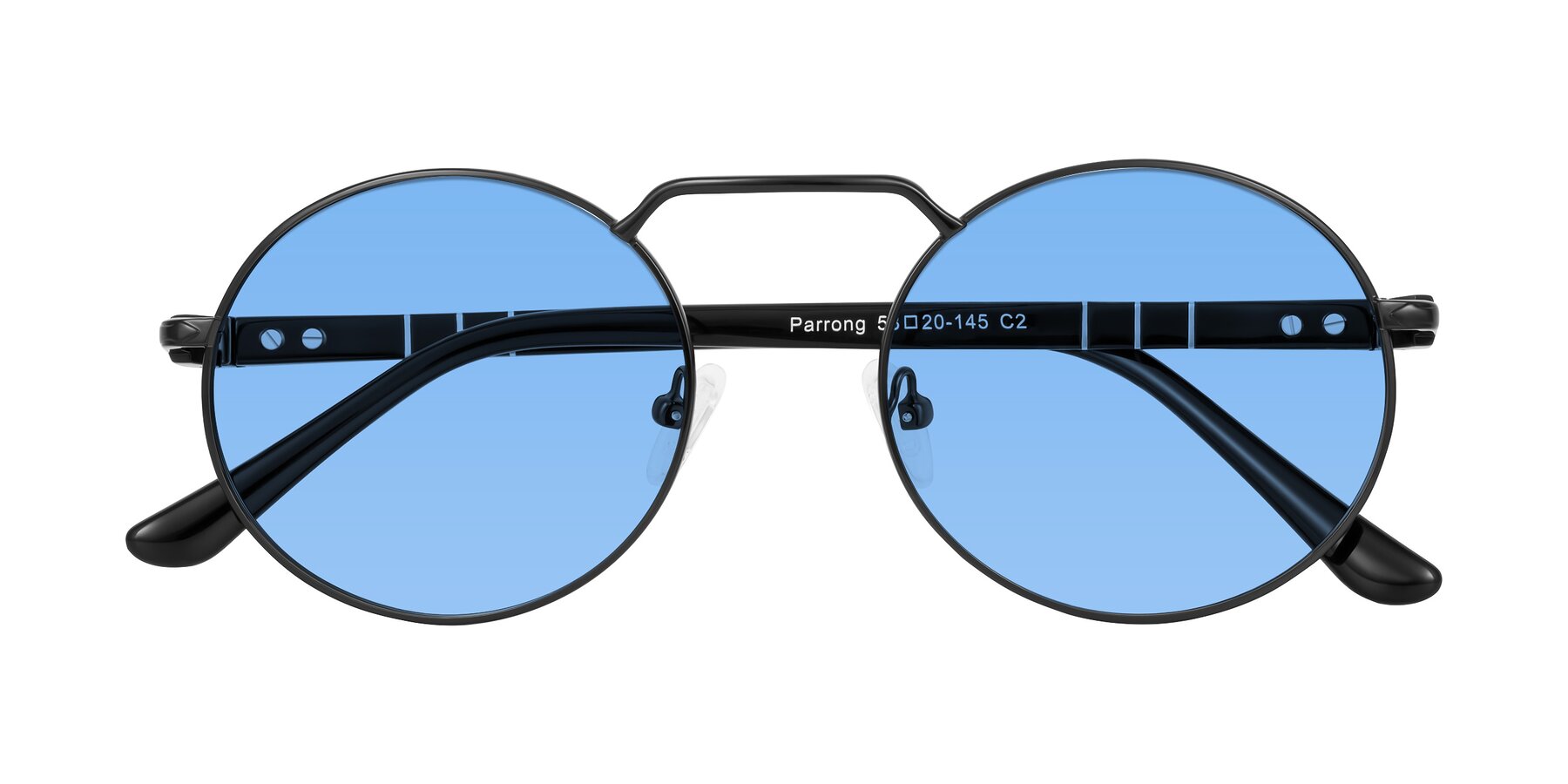 Folded Front of Parrong in Black with Medium Blue Tinted Lenses