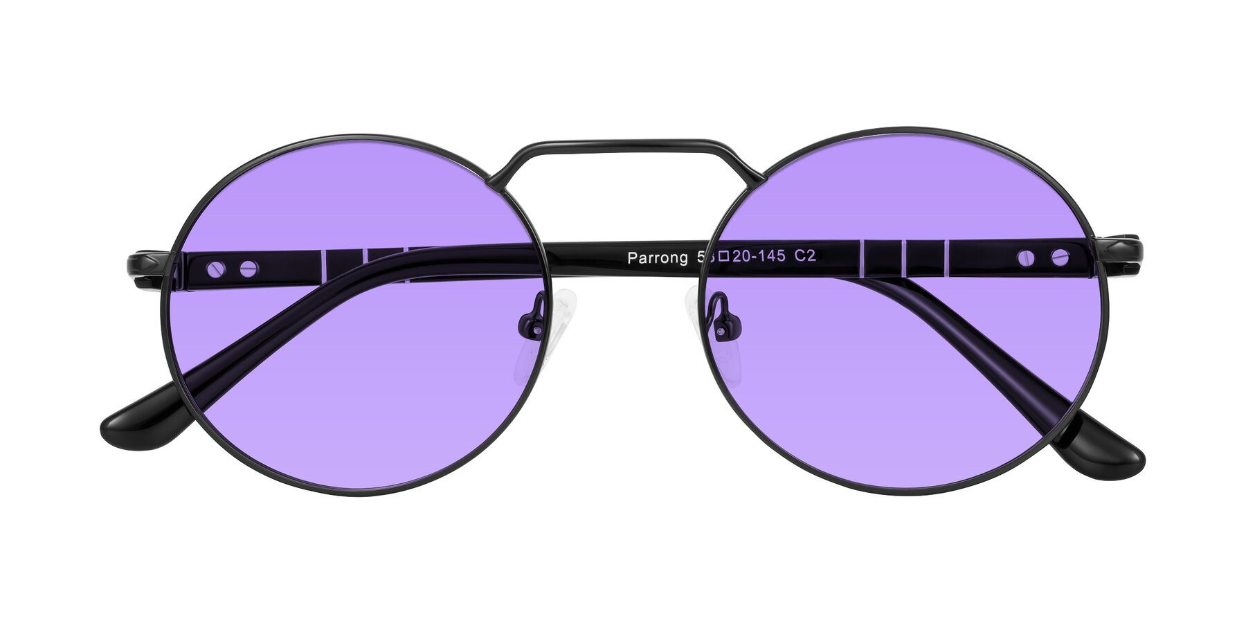 Folded Front of Parrong in Black with Medium Purple Tinted Lenses