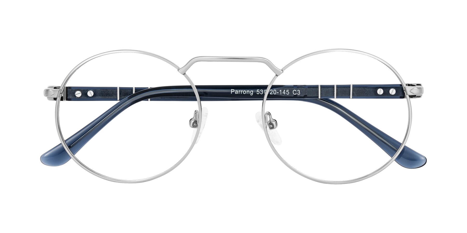 Folded Front of Parrong in Silver with Clear Eyeglass Lenses