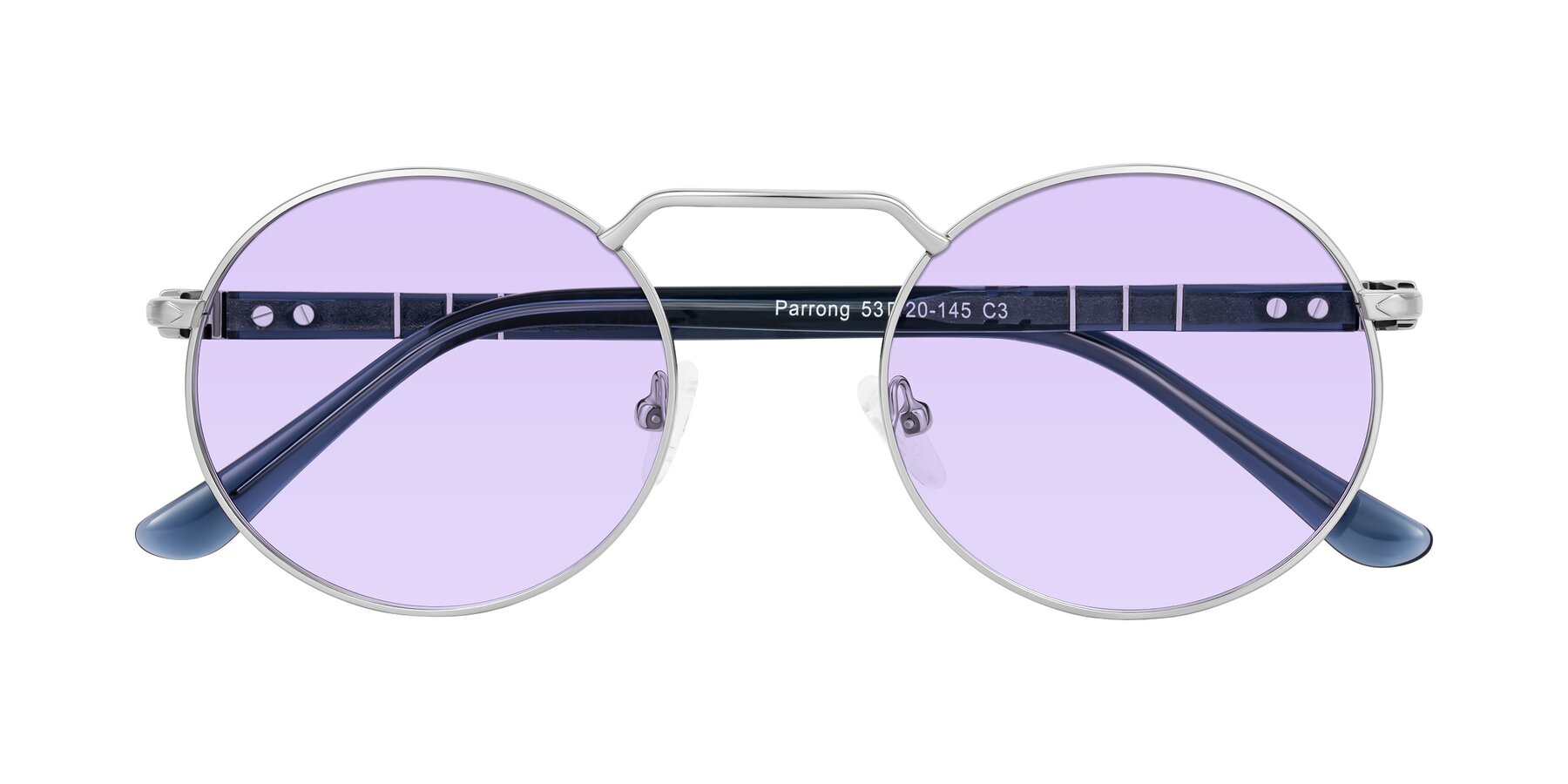 Folded Front of Parrong in Silver with Light Purple Tinted Lenses