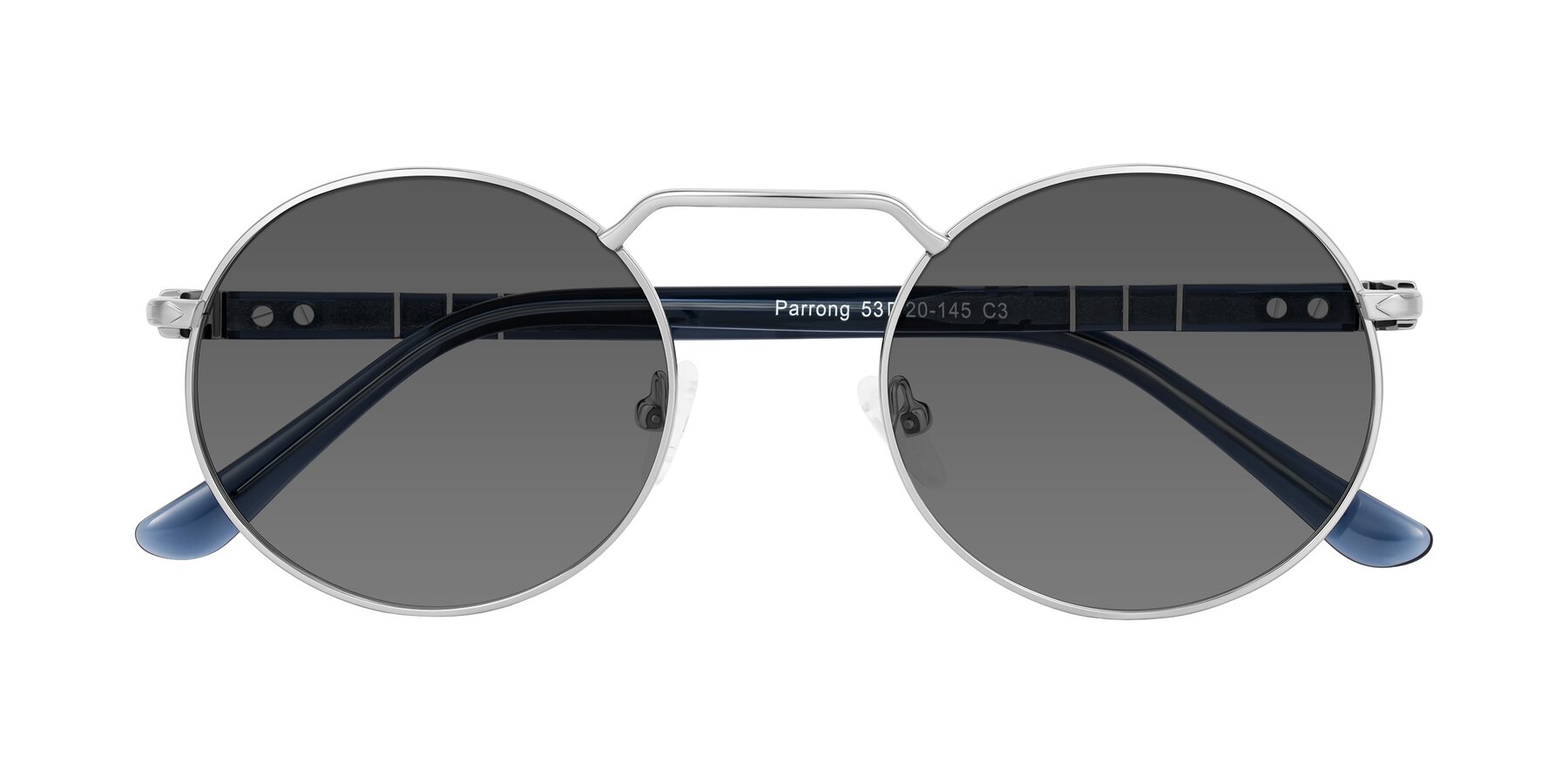 Folded Front of Parrong in Silver with Medium Gray Tinted Lenses