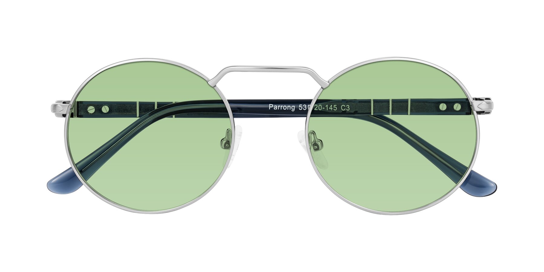 Folded Front of Parrong in Silver with Medium Green Tinted Lenses