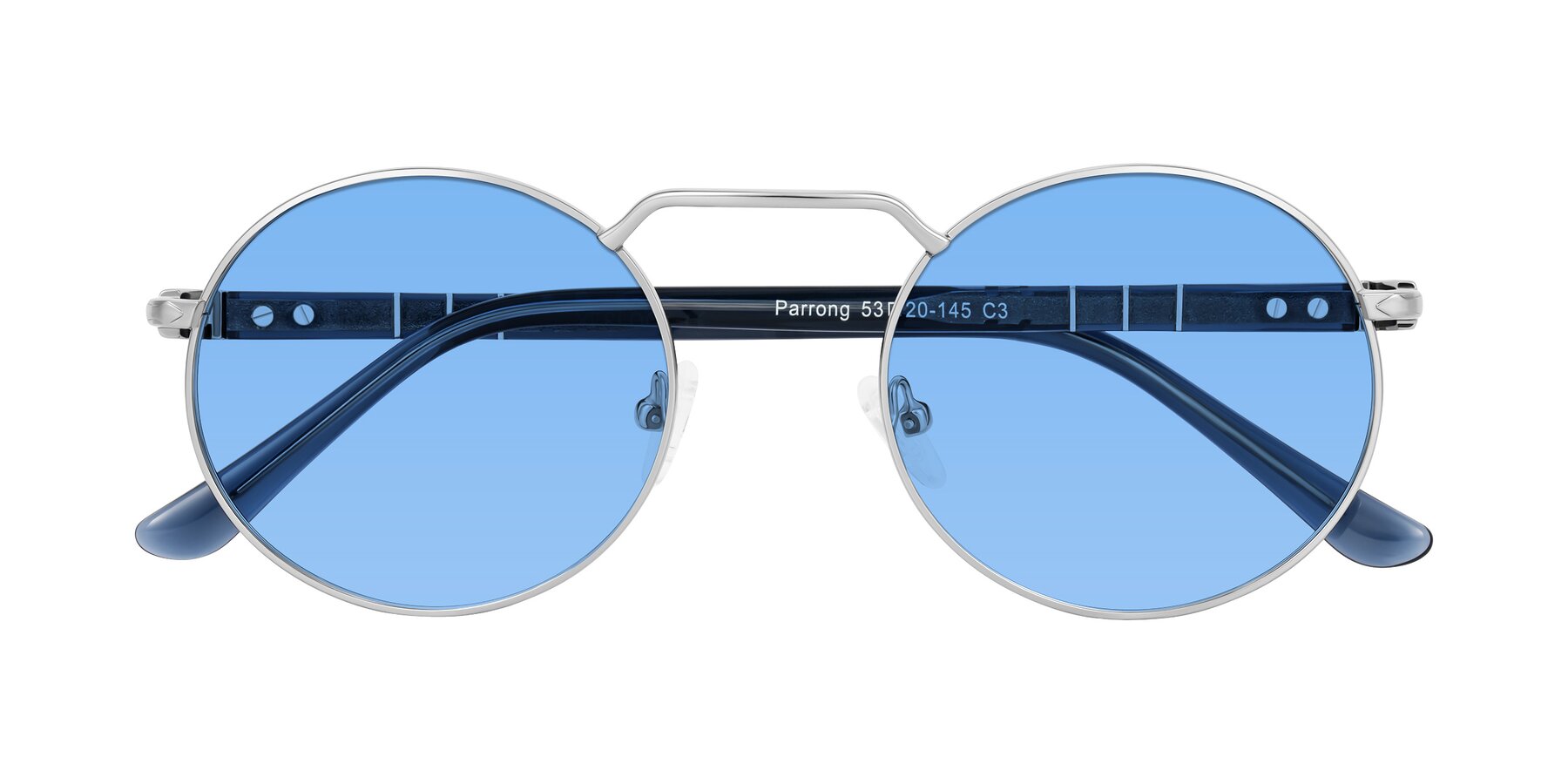 Folded Front of Parrong in Silver with Medium Blue Tinted Lenses