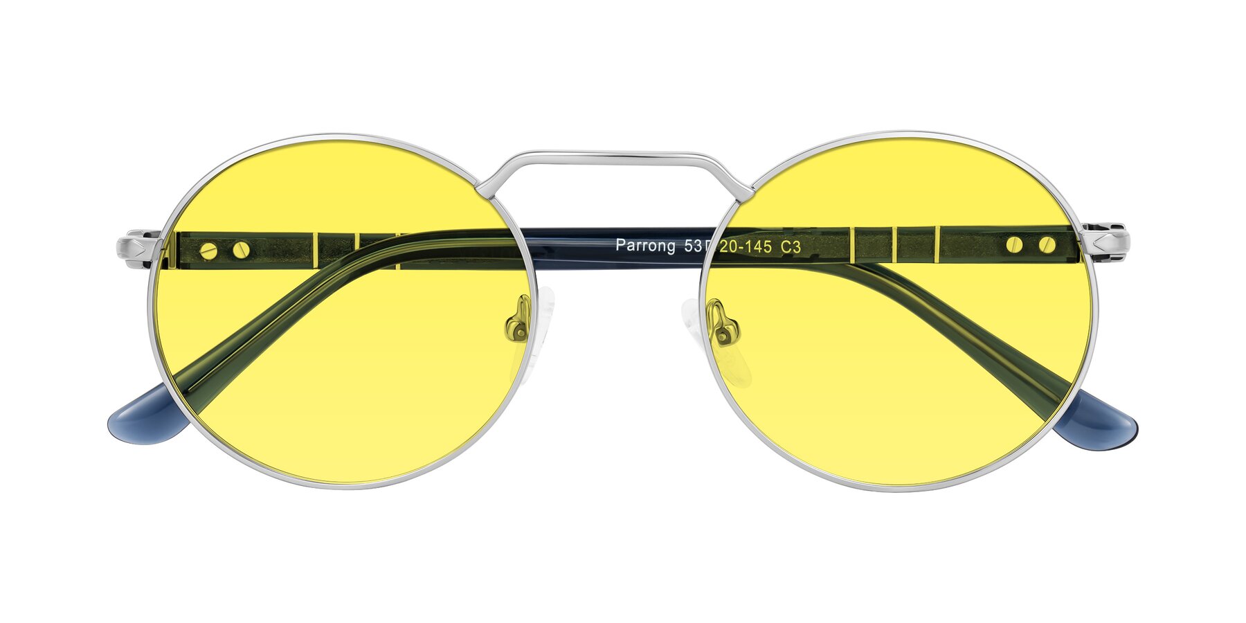 Folded Front of Parrong in Silver with Medium Yellow Tinted Lenses