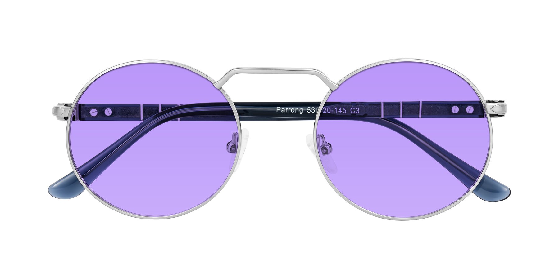 Folded Front of Parrong in Silver with Medium Purple Tinted Lenses
