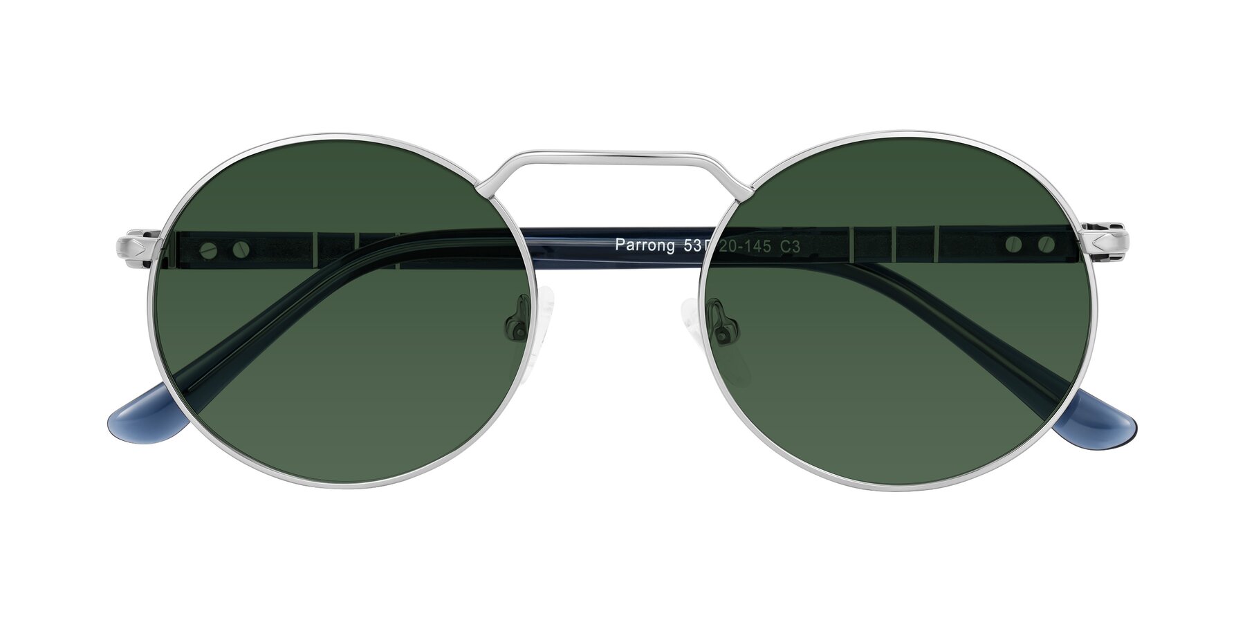 Folded Front of Parrong in Silver with Green Tinted Lenses
