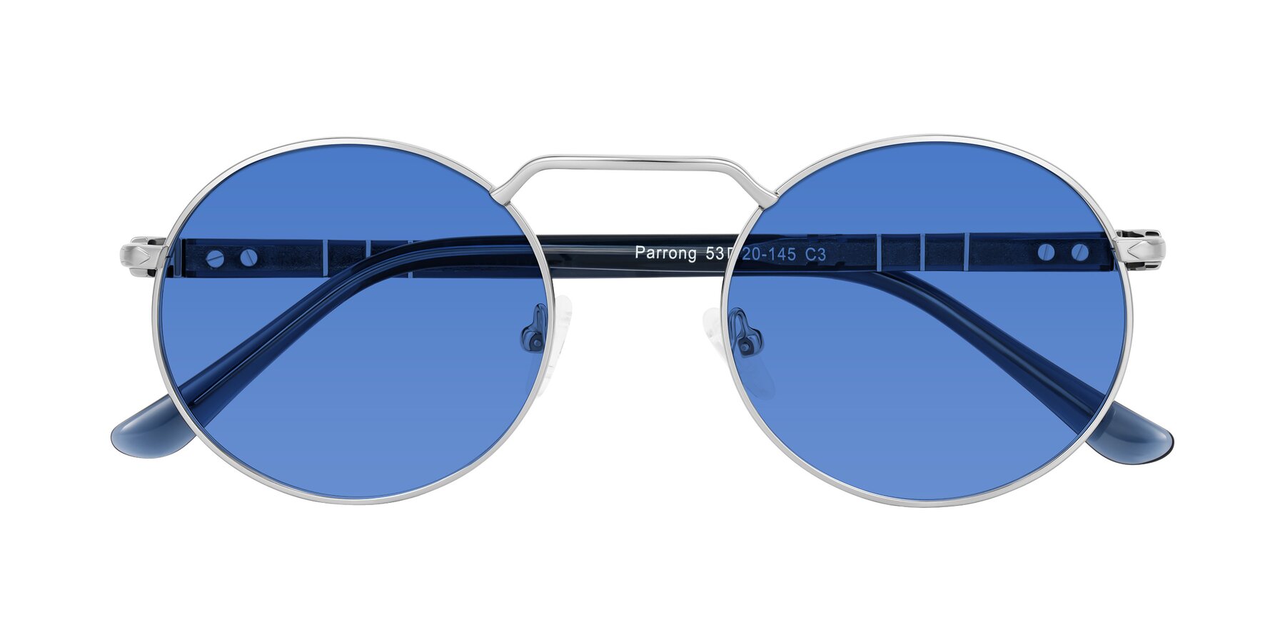 Folded Front of Parrong in Silver with Blue Tinted Lenses