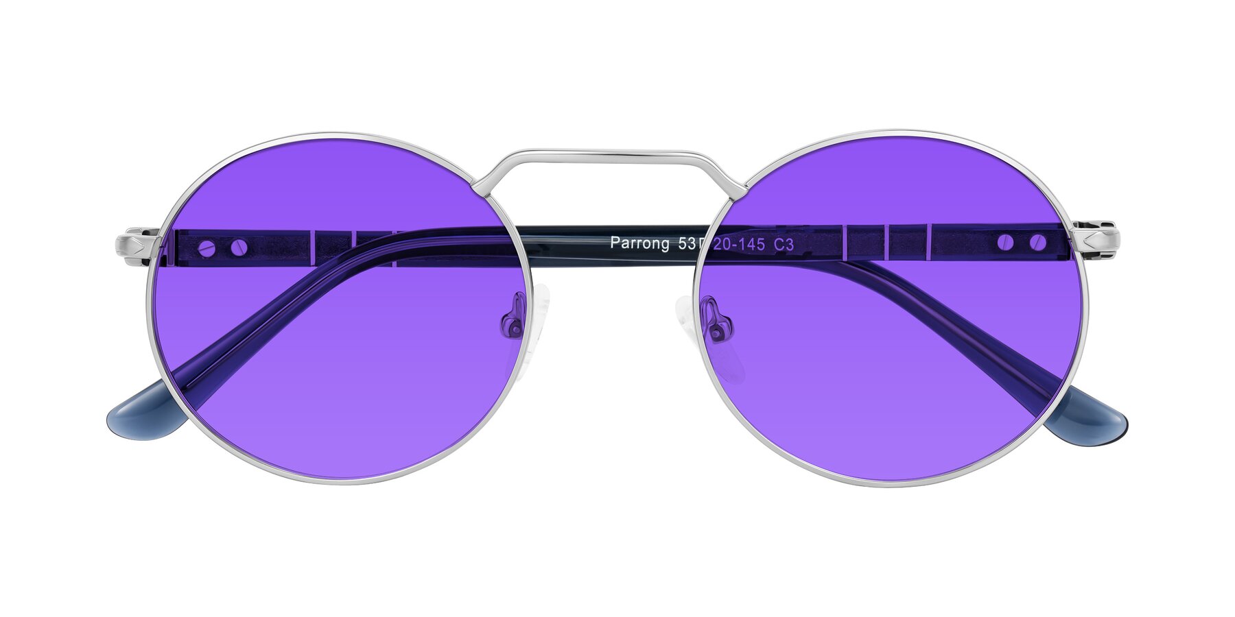 Folded Front of Parrong in Silver with Purple Tinted Lenses