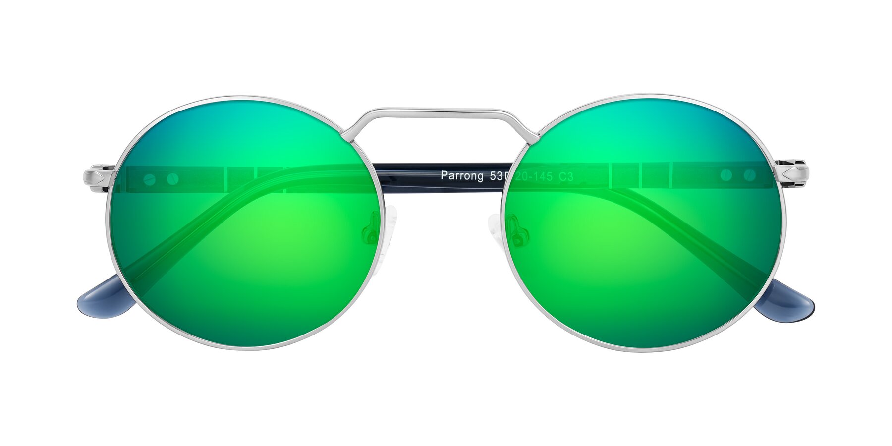 Folded Front of Parrong in Silver with Green Mirrored Lenses