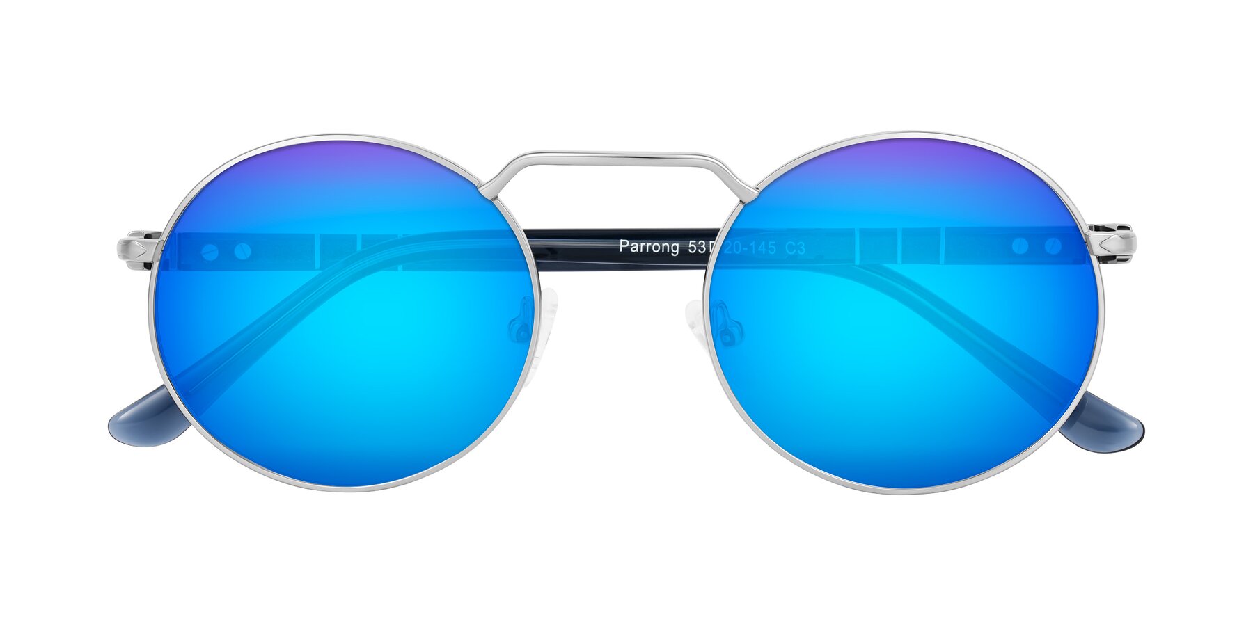 Folded Front of Parrong in Silver with Blue Mirrored Lenses