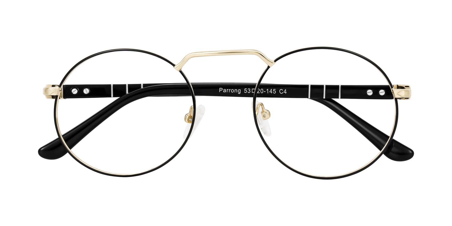 Folded Front of Parrong in Black/Gold with Clear Eyeglass Lenses