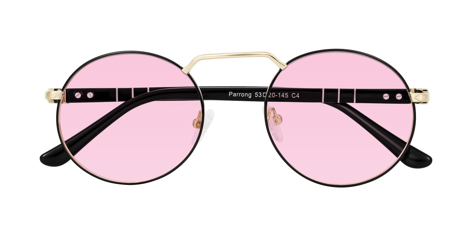 Folded Front of Parrong in Black/Gold with Light Pink Tinted Lenses