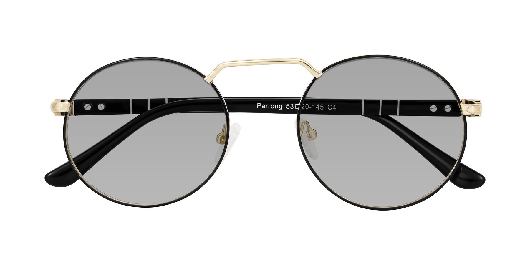 Folded Front of Parrong in Black/Gold with Light Gray Tinted Lenses