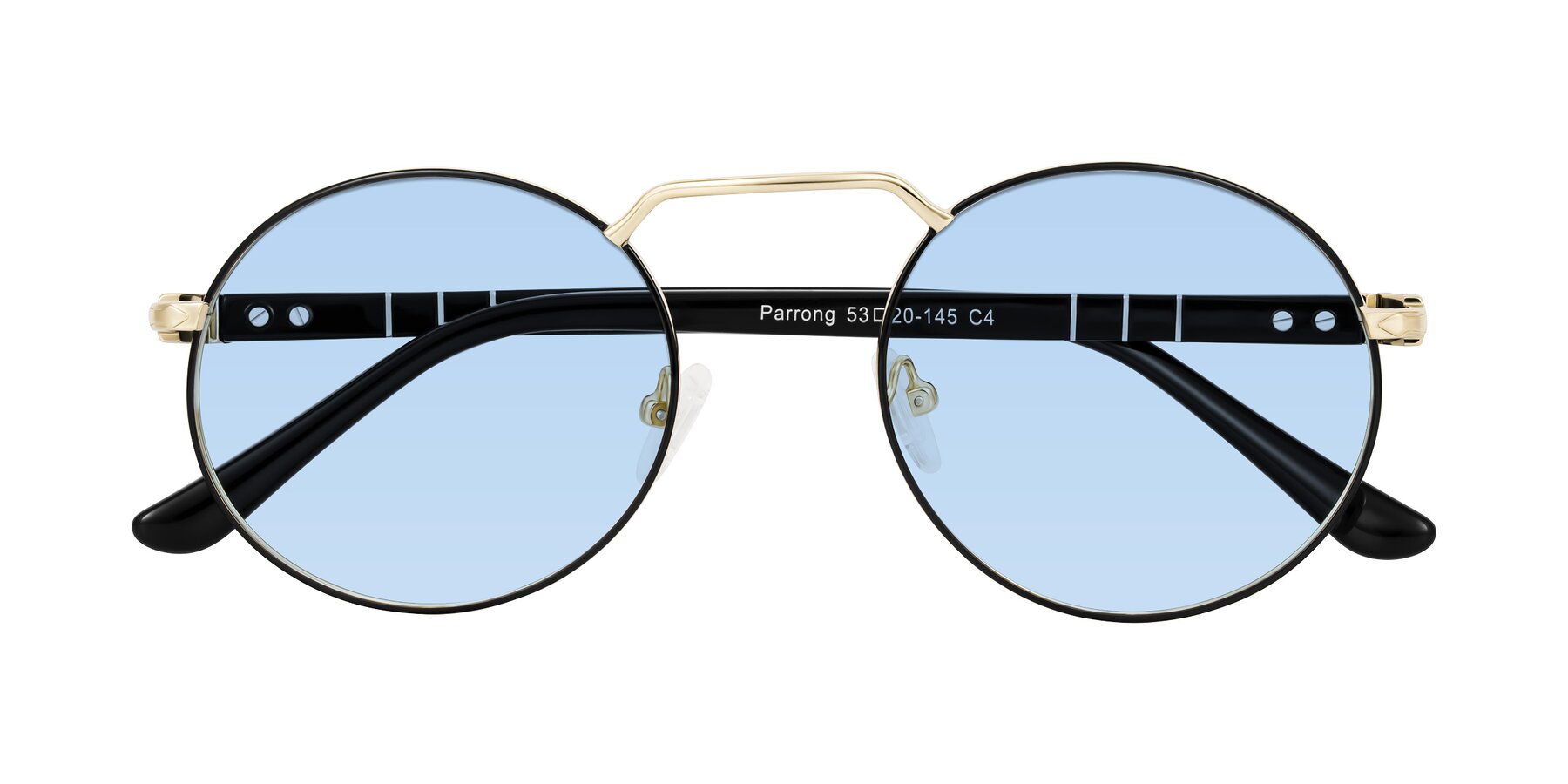 Folded Front of Parrong in Black/Gold with Light Blue Tinted Lenses