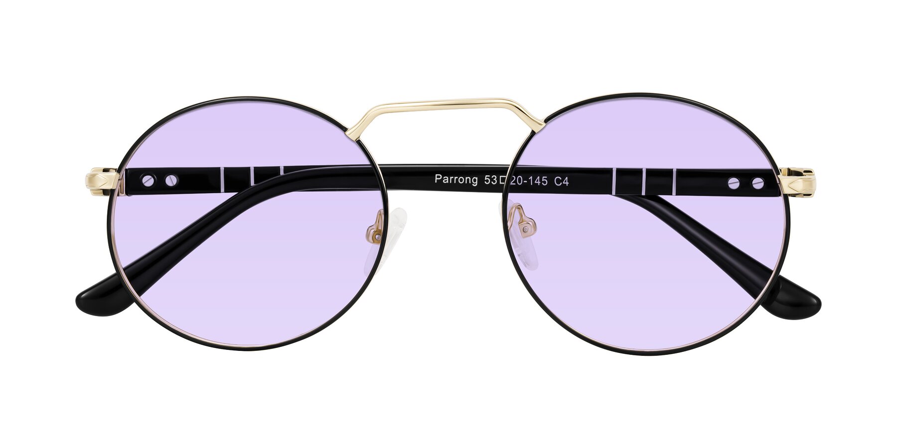 Folded Front of Parrong in Black/Gold with Light Purple Tinted Lenses