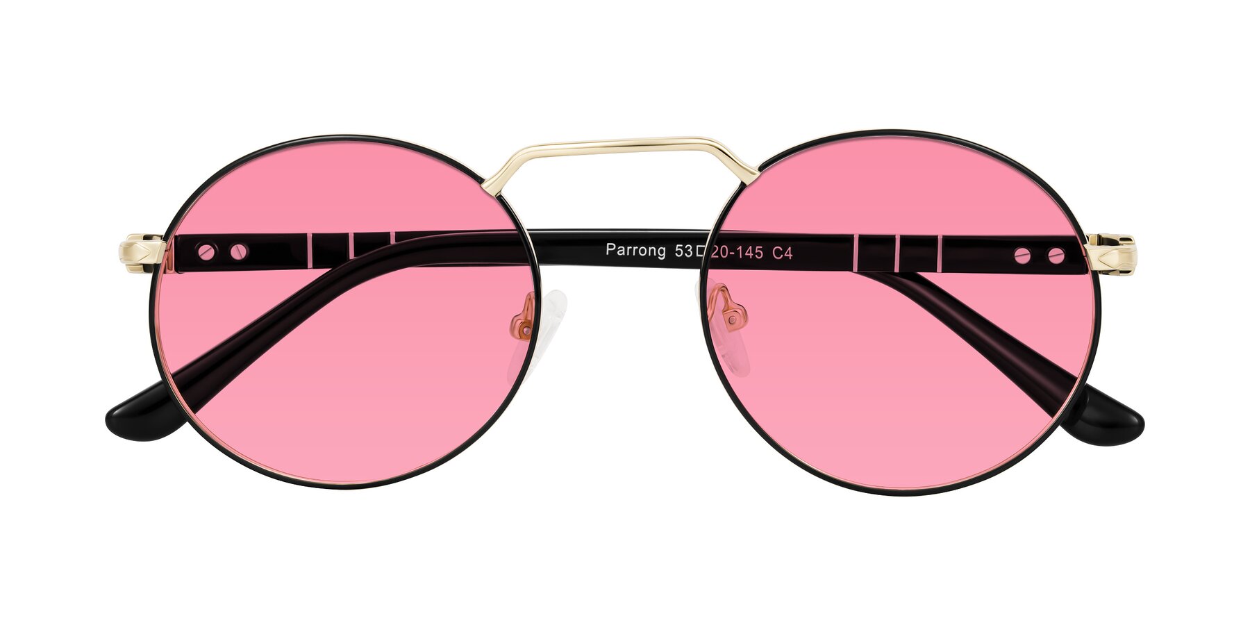 Folded Front of Parrong in Black/Gold with Pink Tinted Lenses