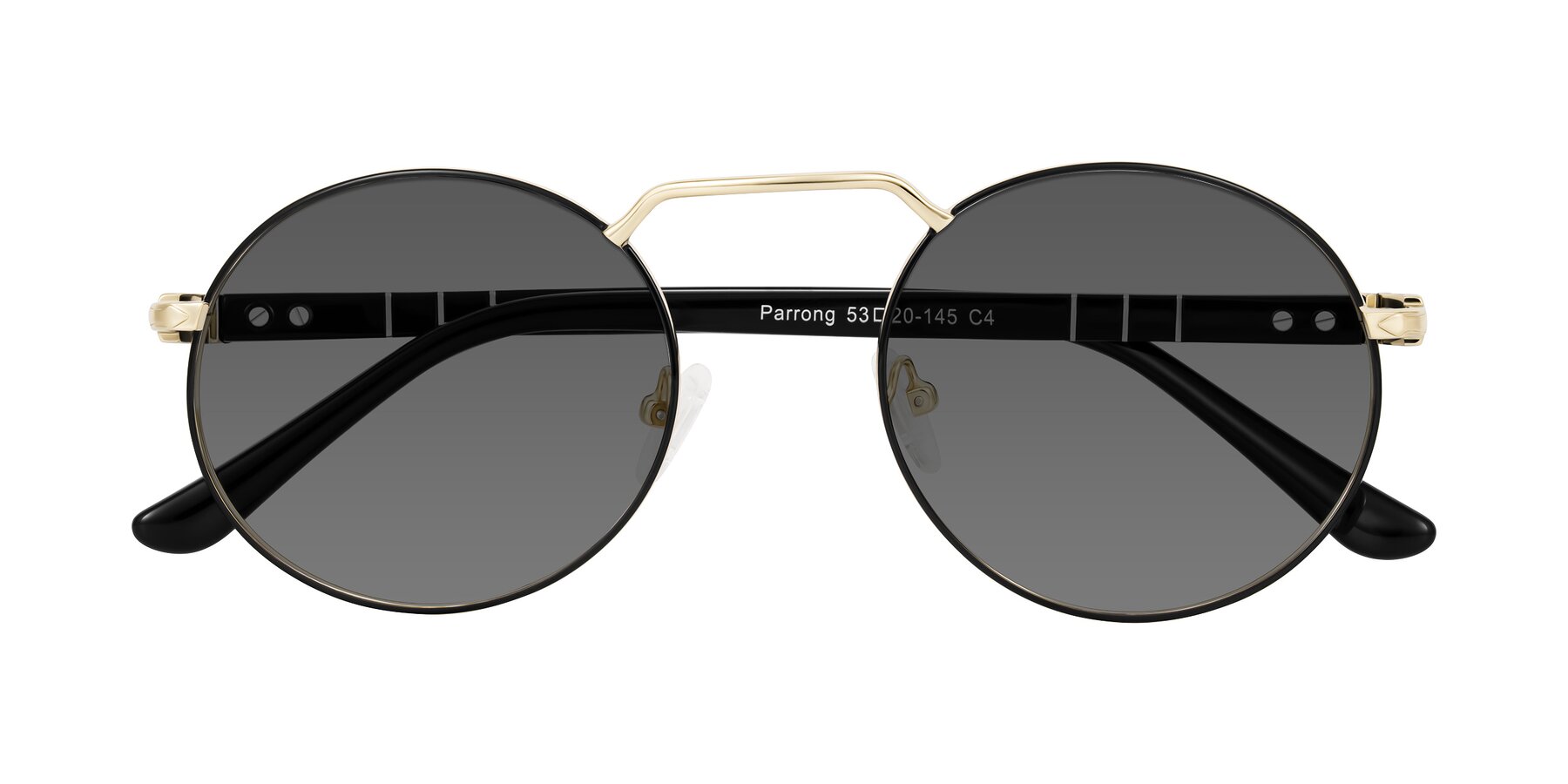 Folded Front of Parrong in Black/Gold with Medium Gray Tinted Lenses