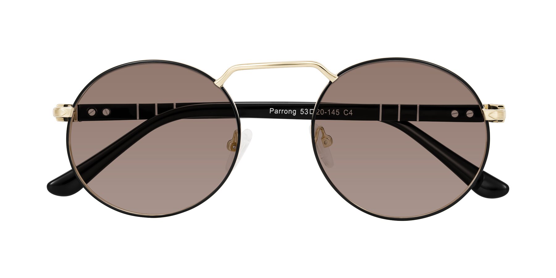 Folded Front of Parrong in Black/Gold with Medium Brown Tinted Lenses