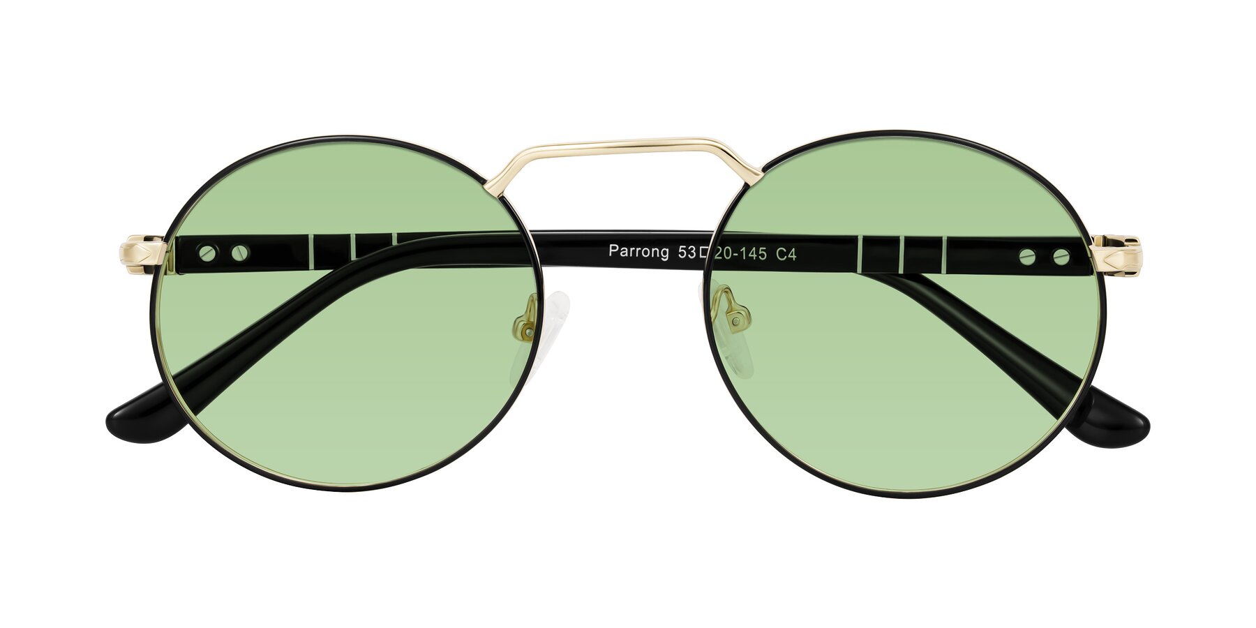 Folded Front of Parrong in Black/Gold with Medium Green Tinted Lenses