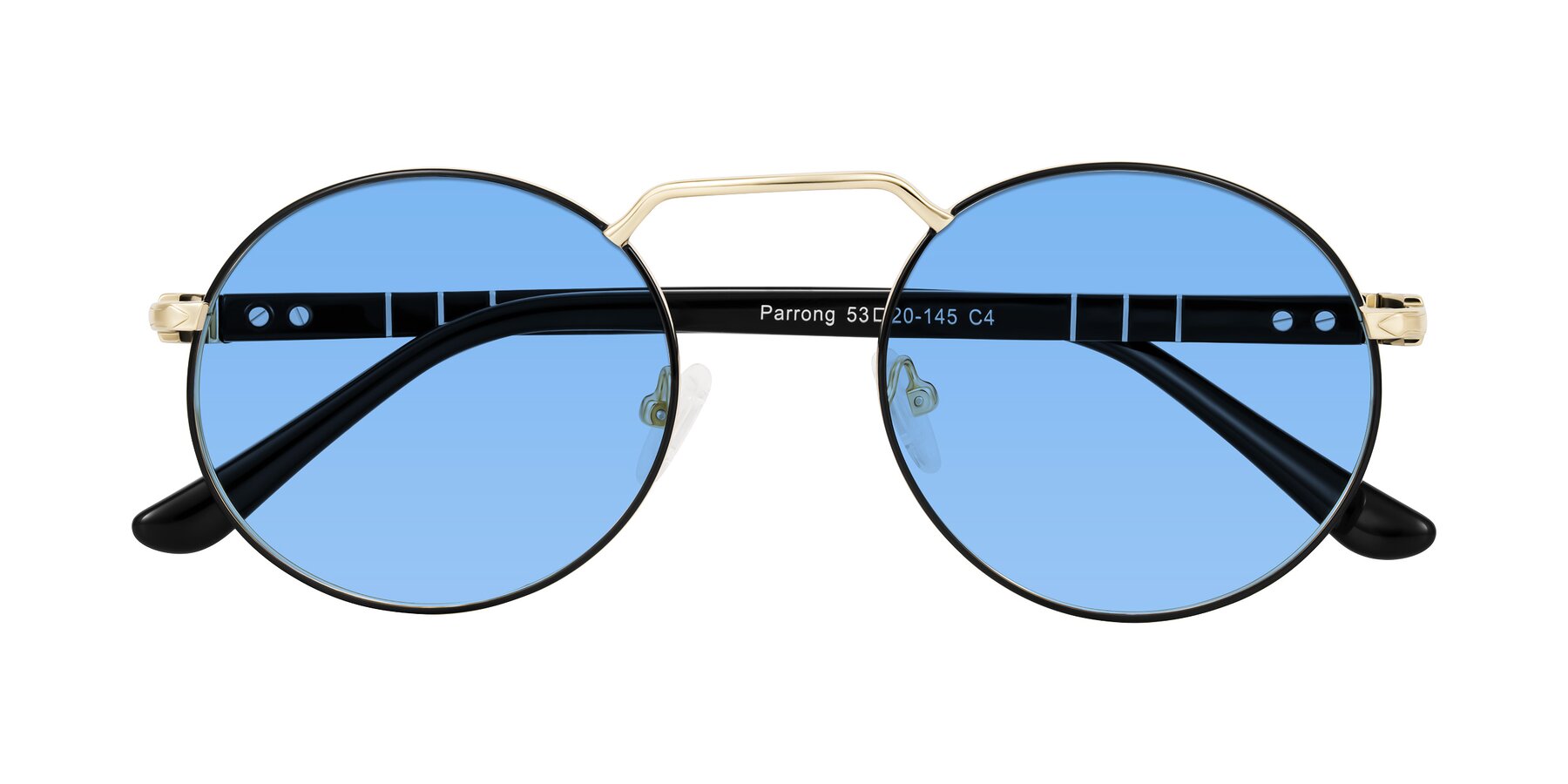 Folded Front of Parrong in Black/Gold with Medium Blue Tinted Lenses
