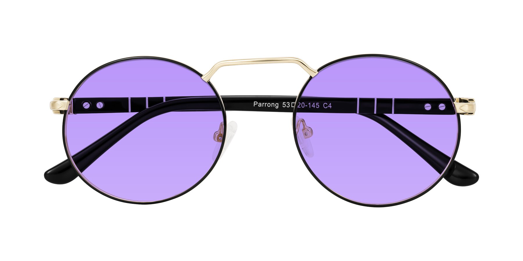 Folded Front of Parrong in Black/Gold with Medium Purple Tinted Lenses