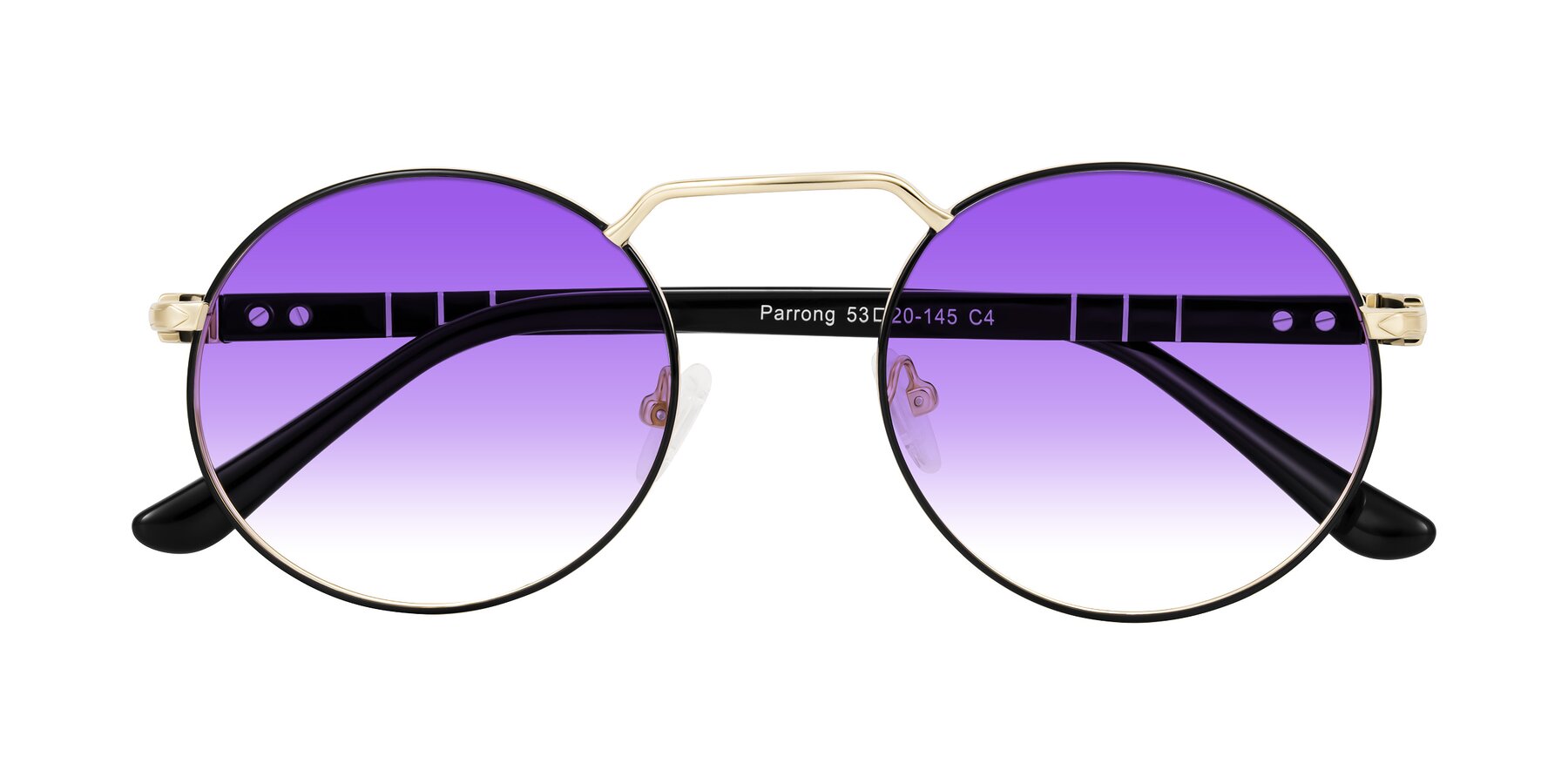 Folded Front of Parrong in Black/Gold with Purple Gradient Lenses