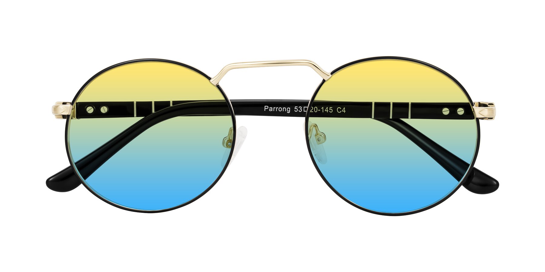 Folded Front of Parrong in Black/Gold with Yellow / Blue Gradient Lenses