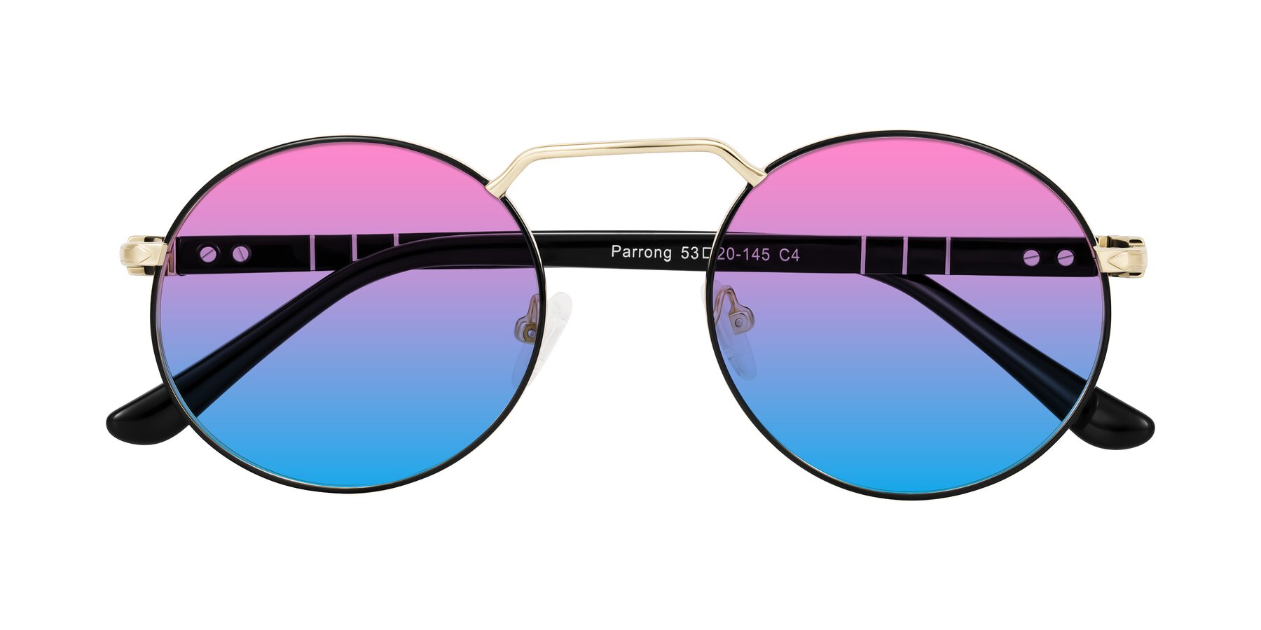 Folded Front of Parrong in Black/Gold with Pink / Blue Gradient Lenses