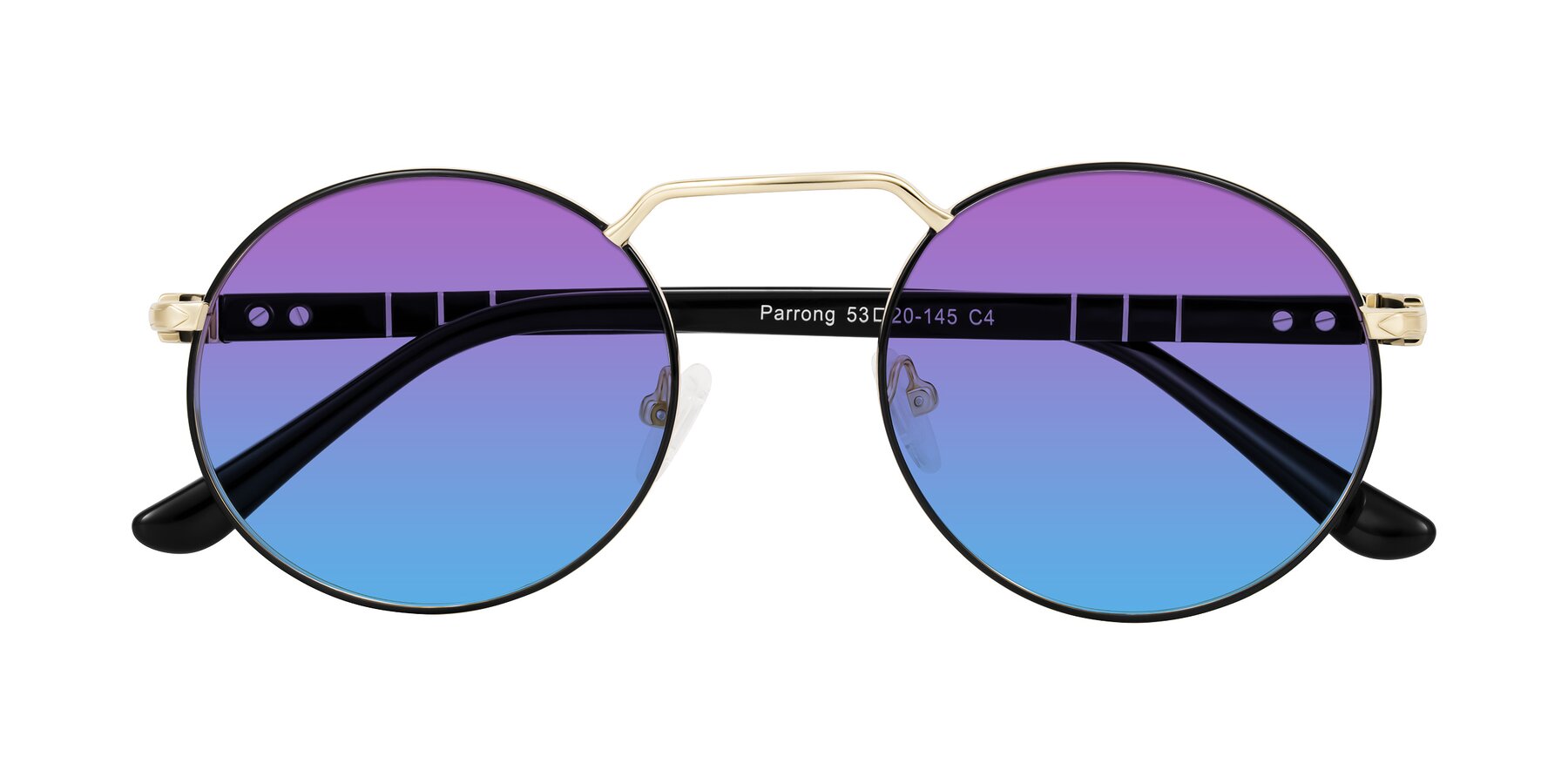 Folded Front of Parrong in Black/Gold with Purple / Blue Gradient Lenses