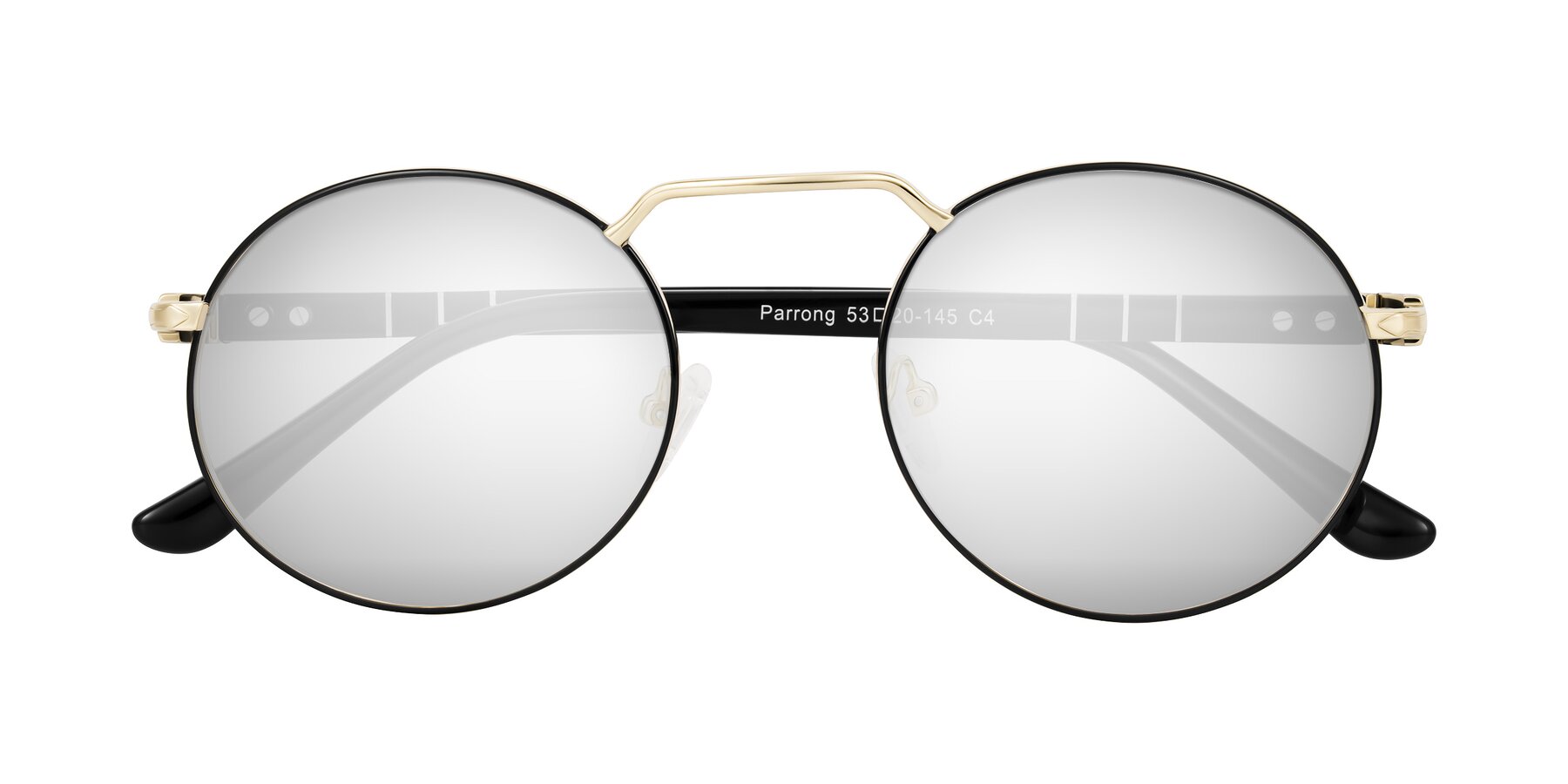 Folded Front of Parrong in Black/Gold with Silver Mirrored Lenses