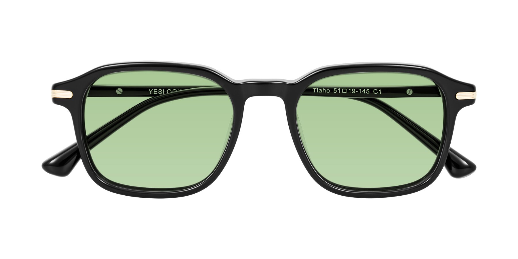Folded Front of Tlaho in Black with Medium Green Tinted Lenses