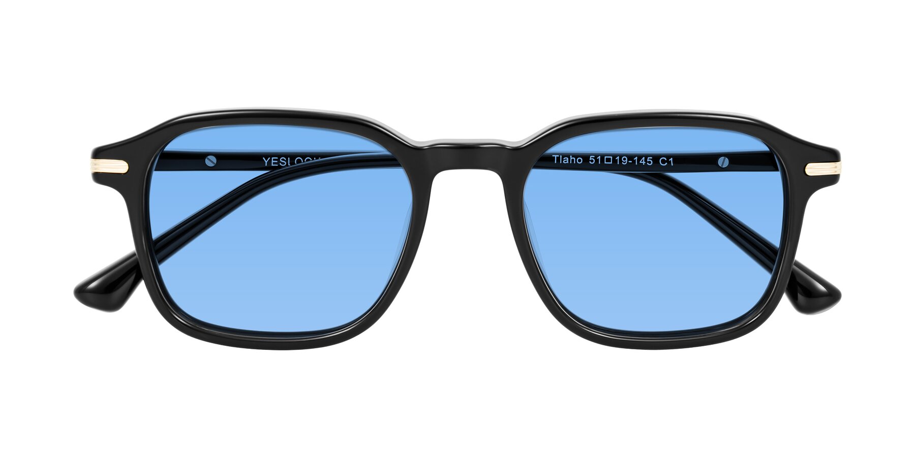 Folded Front of Tlaho in Black with Medium Blue Tinted Lenses