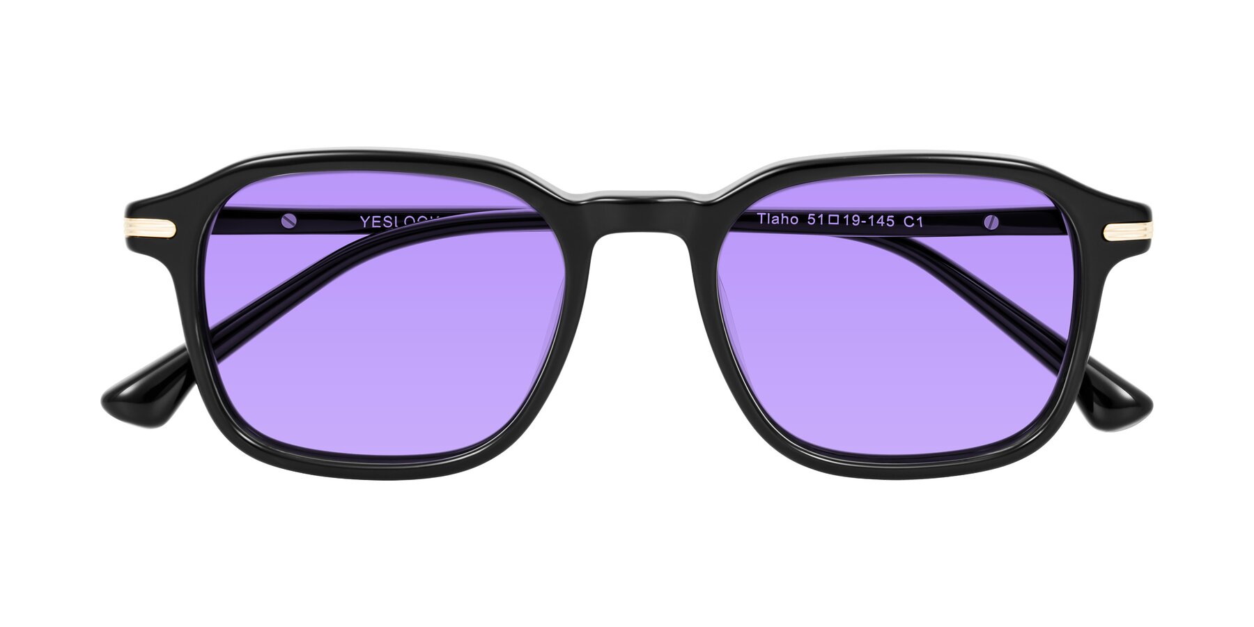 Folded Front of Tlaho in Black with Medium Purple Tinted Lenses